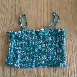 BeBop Teal Floral Smocked Crop Top with Ties
